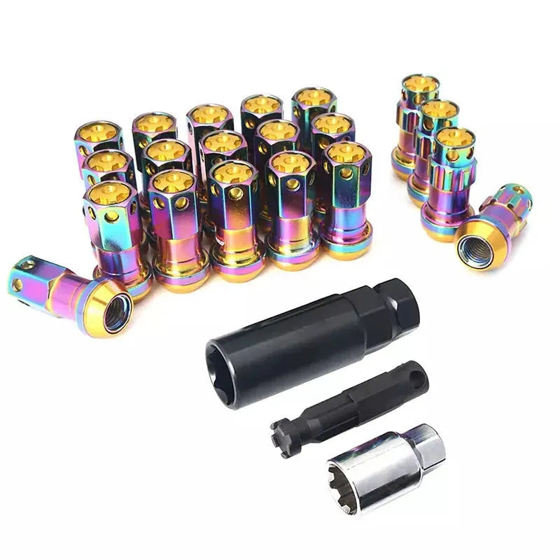 Set of aluminium alloy flat head wheel hub nuts in various colours including red, gold, blue, purple, and black.
