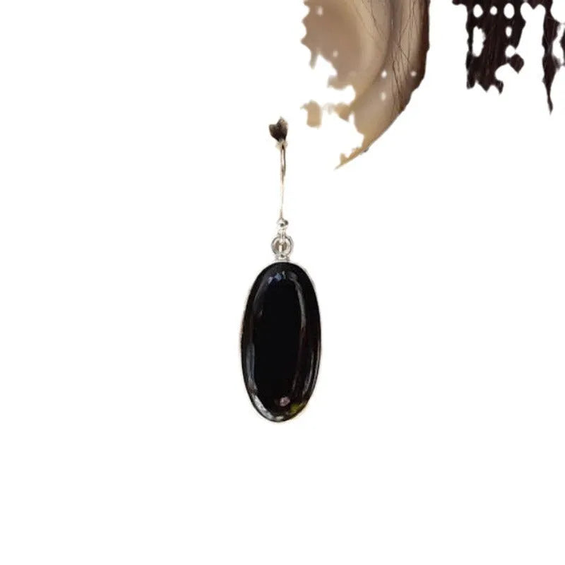 Women's geometric earrings with oval black agate pendants and Chinese style design on silver electroplated alloy