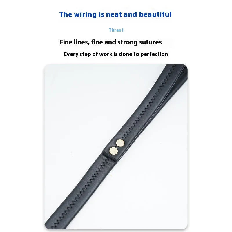 Roran black PU leather dog lead with metal clip attached to a dog collar.