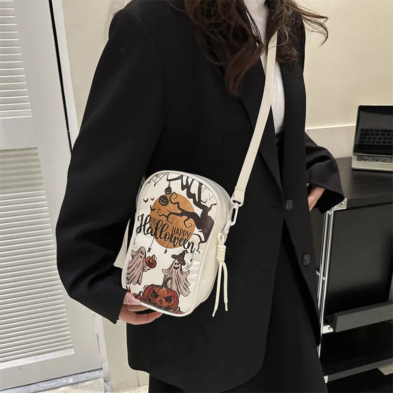 Halloween graffiti print mini crossbody bag with pumpkin ghost bat cartoon design in multiple colours