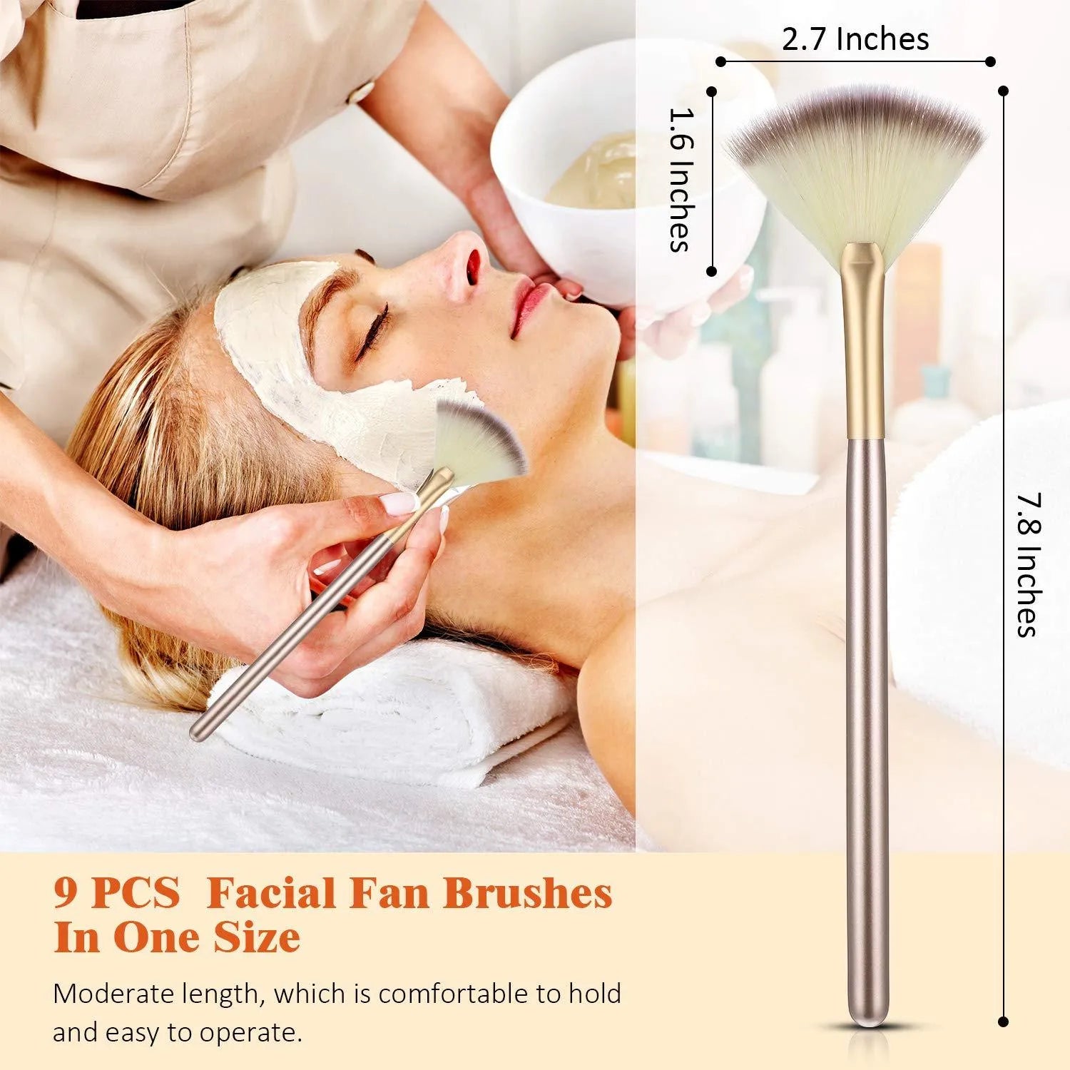 Set of 10 professional facial fan brushes with champagne finish and acrylic handles on a table.