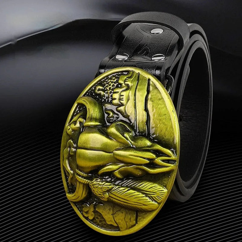 Men's imitation leather belt with a detailed alloy cow head buckle and pin buckle fastener.