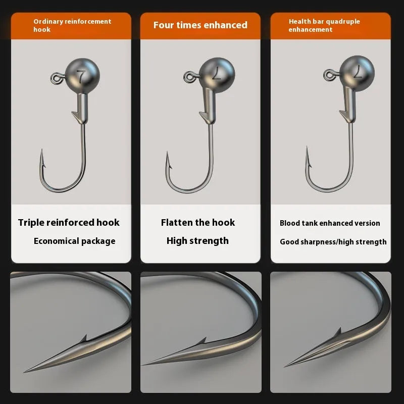 Set of 50 jig fishing hooks with lead-headed design and steel construction