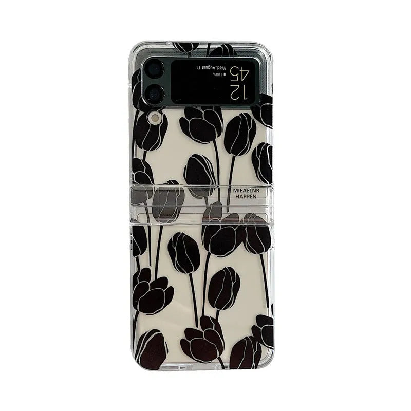 Samsung Galaxy Z Flip phone case with flower design on transparent hard shell