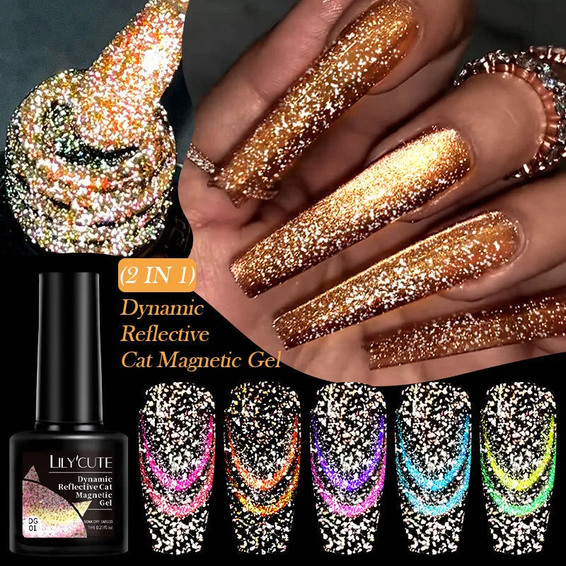 Cat eye series UV gel nail polish bottle with diamond glitter in one of six colour options.