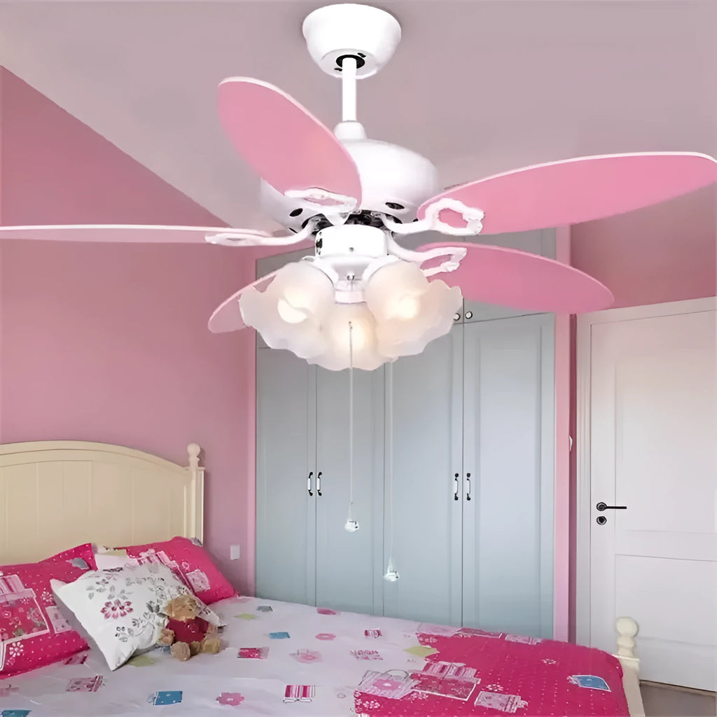 White 42 inch children's ceiling fan light with wooden blades, glass E27 lamp shade, and remote control