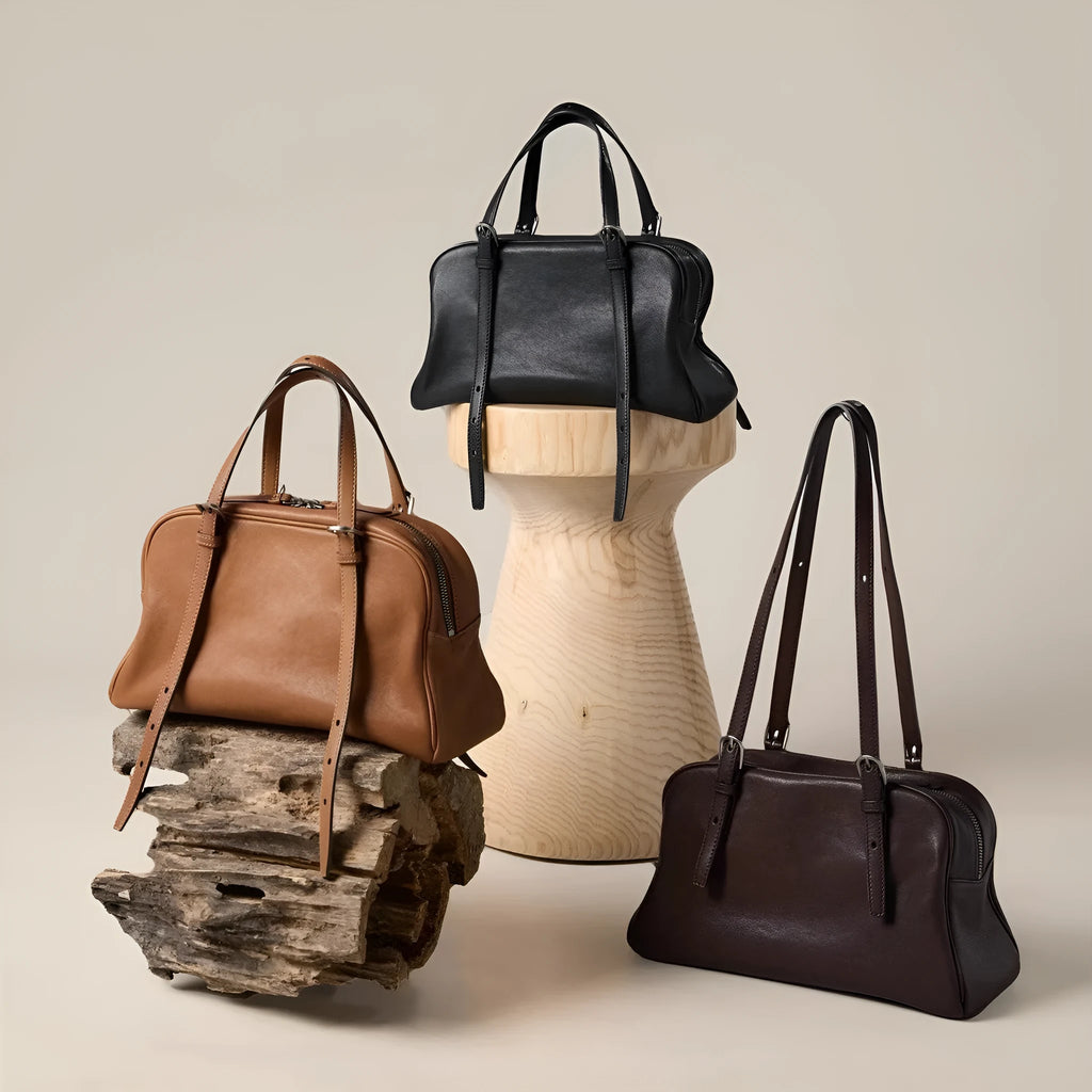Women's retro genuine leather shoulder bag in horizontal square shape with double straps