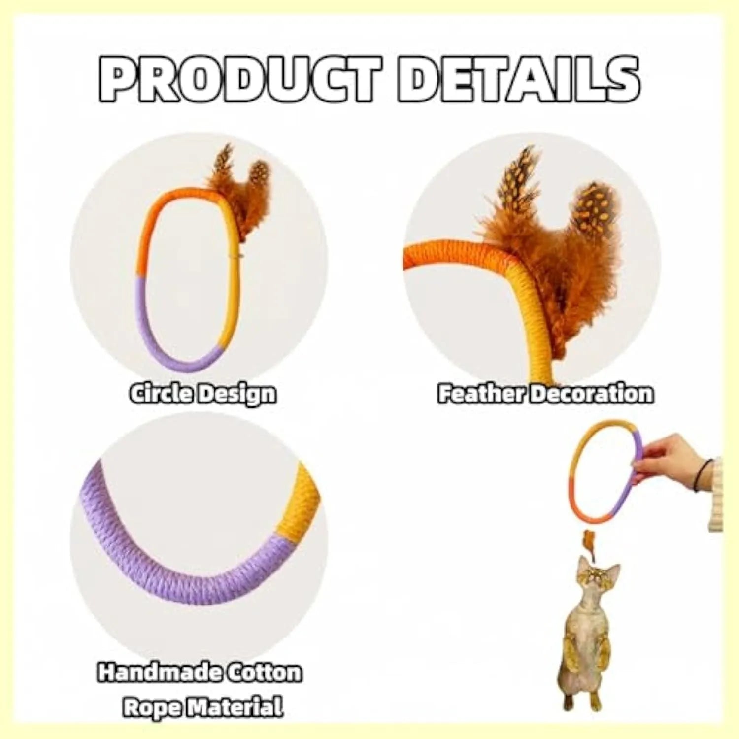 Circular green cotton rope cat toy with feathers and catnip filling for chewing and interactive play