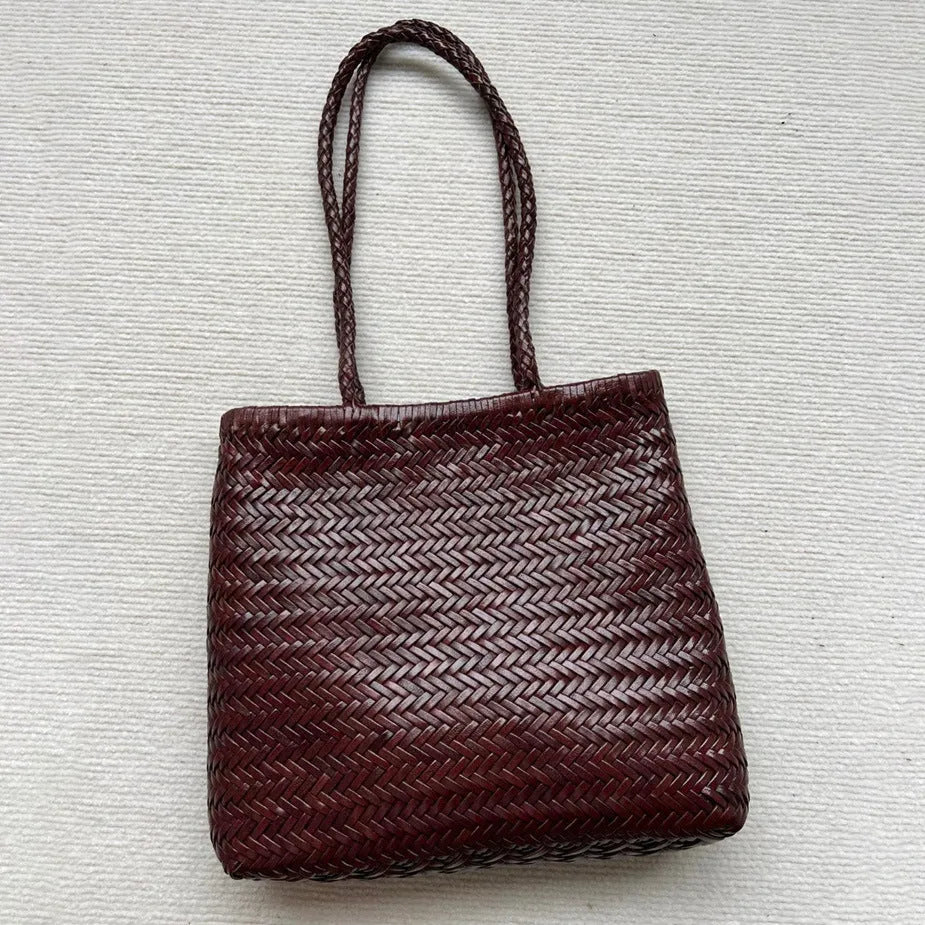 Brown handmade cowhide leather woven shoulder bag with three-dimensional pocket