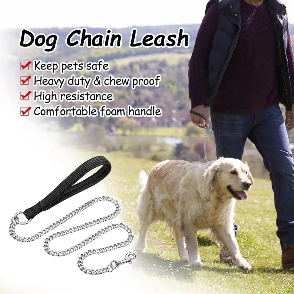 Heavy duty metal dog leash chain with soft padded handle in black colour