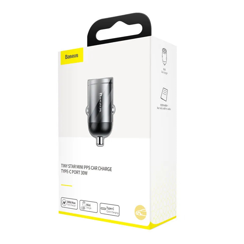 Baseus electro-optical grey 30W PPS car charger with 1 metre attached cable plugged into vehicle lighter socket