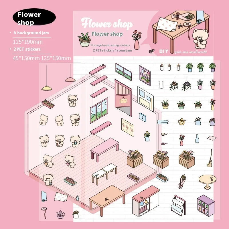 Capabala cut-free PET cartoon stickers showing eight different scene designs including a pink restaurant and a blue fruit shop