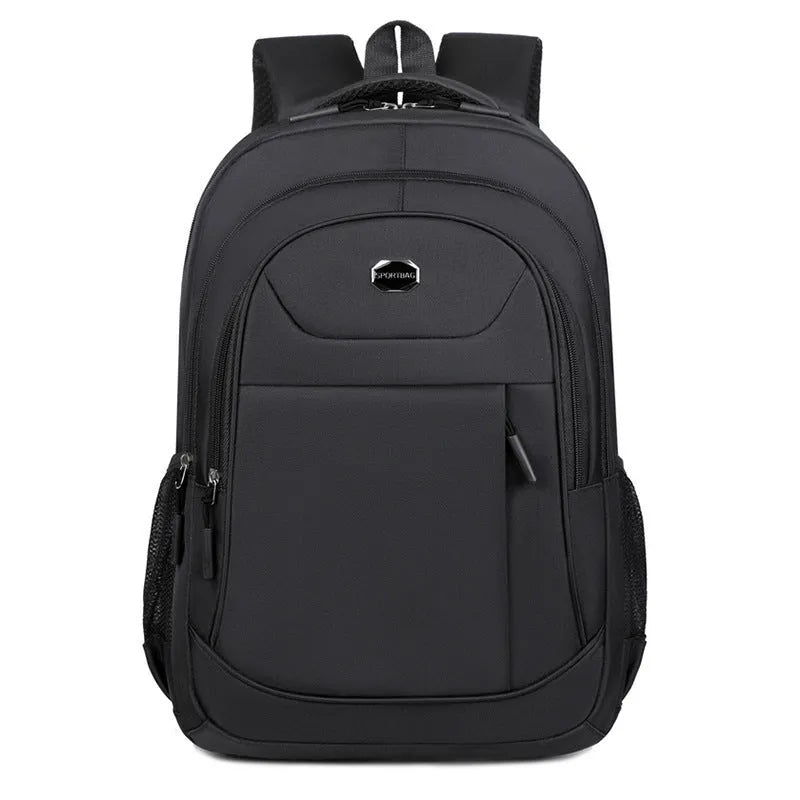 Oxford cloth backpack in solid colour with curved shoulder straps, shown with multi-layer compartments open