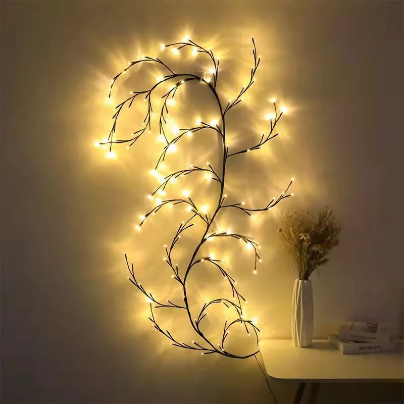 Flexible DIY willow vine LED light garland with birch bark texture and 144 warm white lights