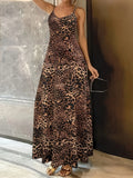 Dark brown leopard print casual dress with sleeveless round neck and shoulder strap design