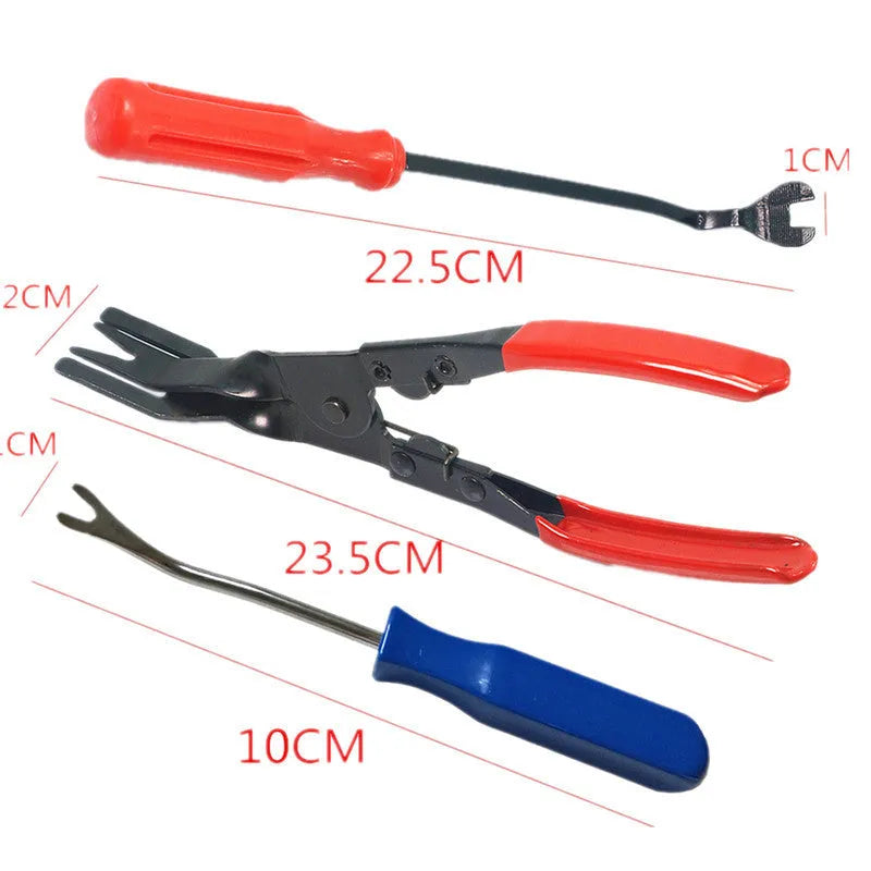 Red-handled steel automotive nailing tool for General Motors door panels