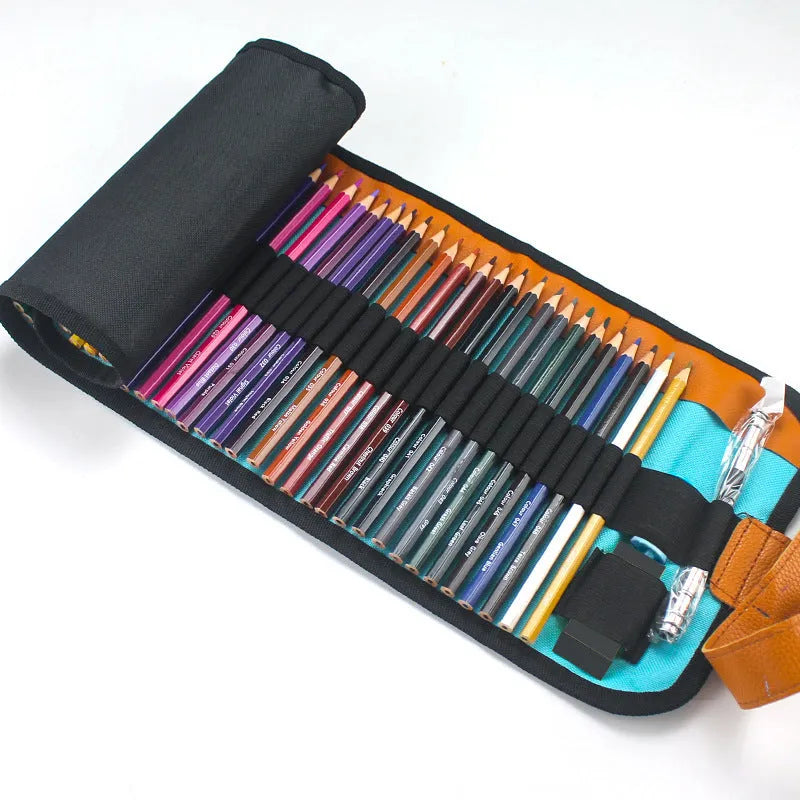 Set of fifty wooden coloured pencils for oily painting in a wooden storage case