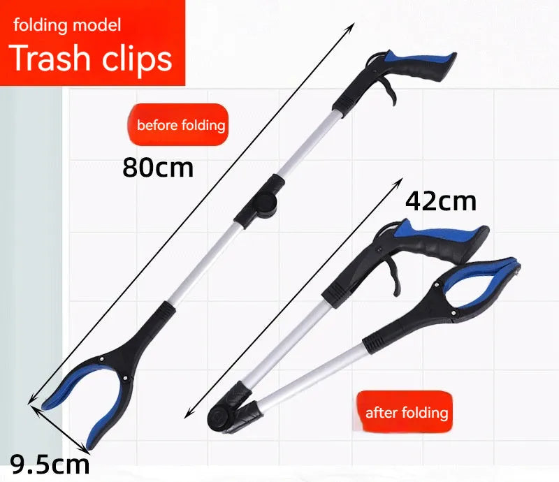Foldable aluminium rubbish clamp with extended 80cm length and coloured handle