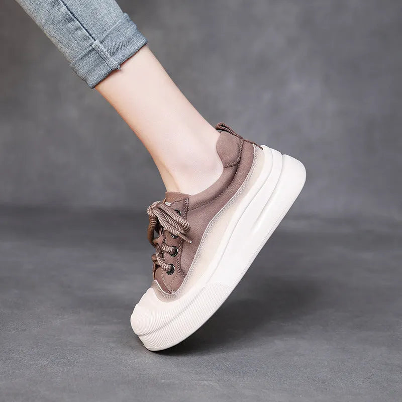 Women's cameo brown leather lace-up casual shoes with round toe and rubber sole