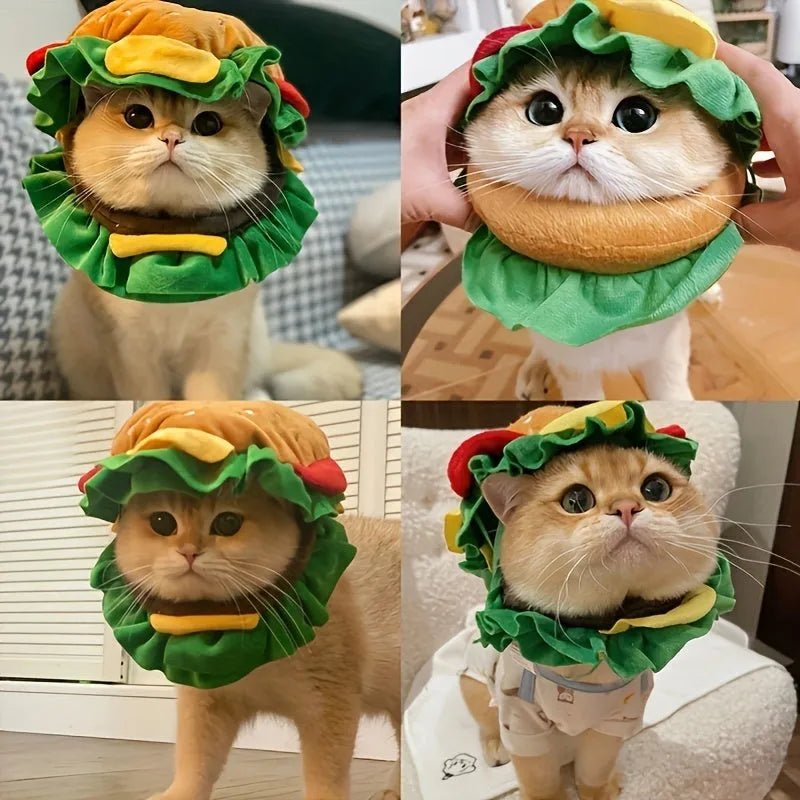 Soft fabric burger-shaped headdress collar for a cat, with adjustable neck straps.