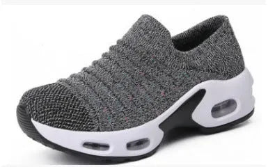 Women's plus size fly-knit socks shoes in mesh with low heel, shown in Tao Black colour.