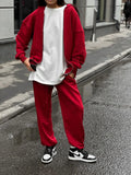 Red loose fit long-sleeved coat and trousers two-piece street style set