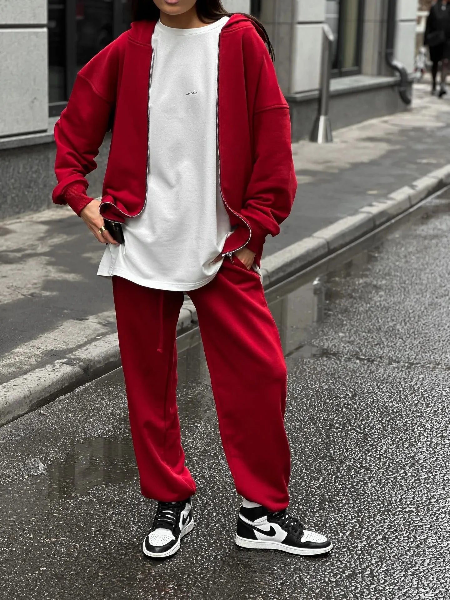 Red loose fit long-sleeved coat and trousers two-piece street style set