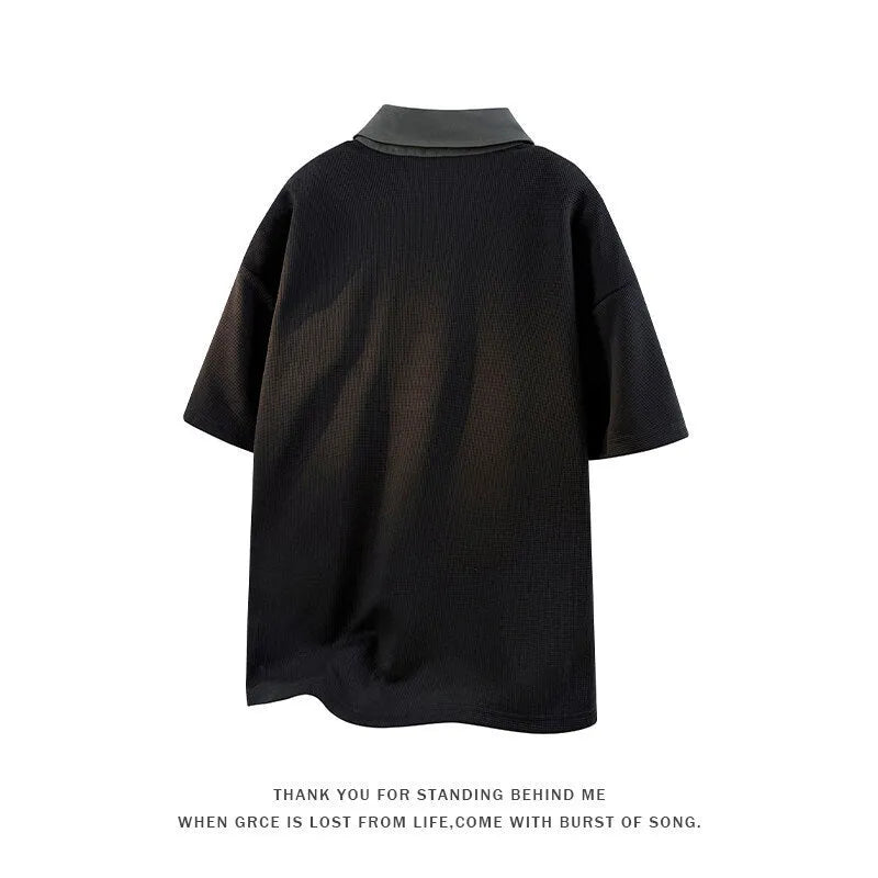 Men's heavy henry collar polo shirt sweater with padding in black colour