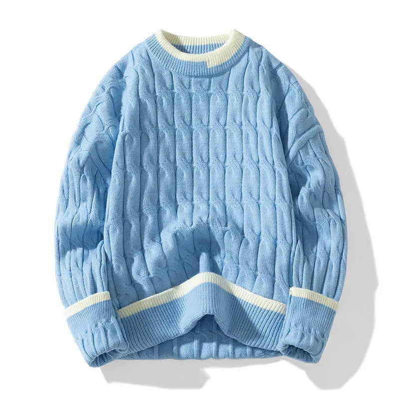 Men's loose grey and blue sports pullover sweater set on a hanger