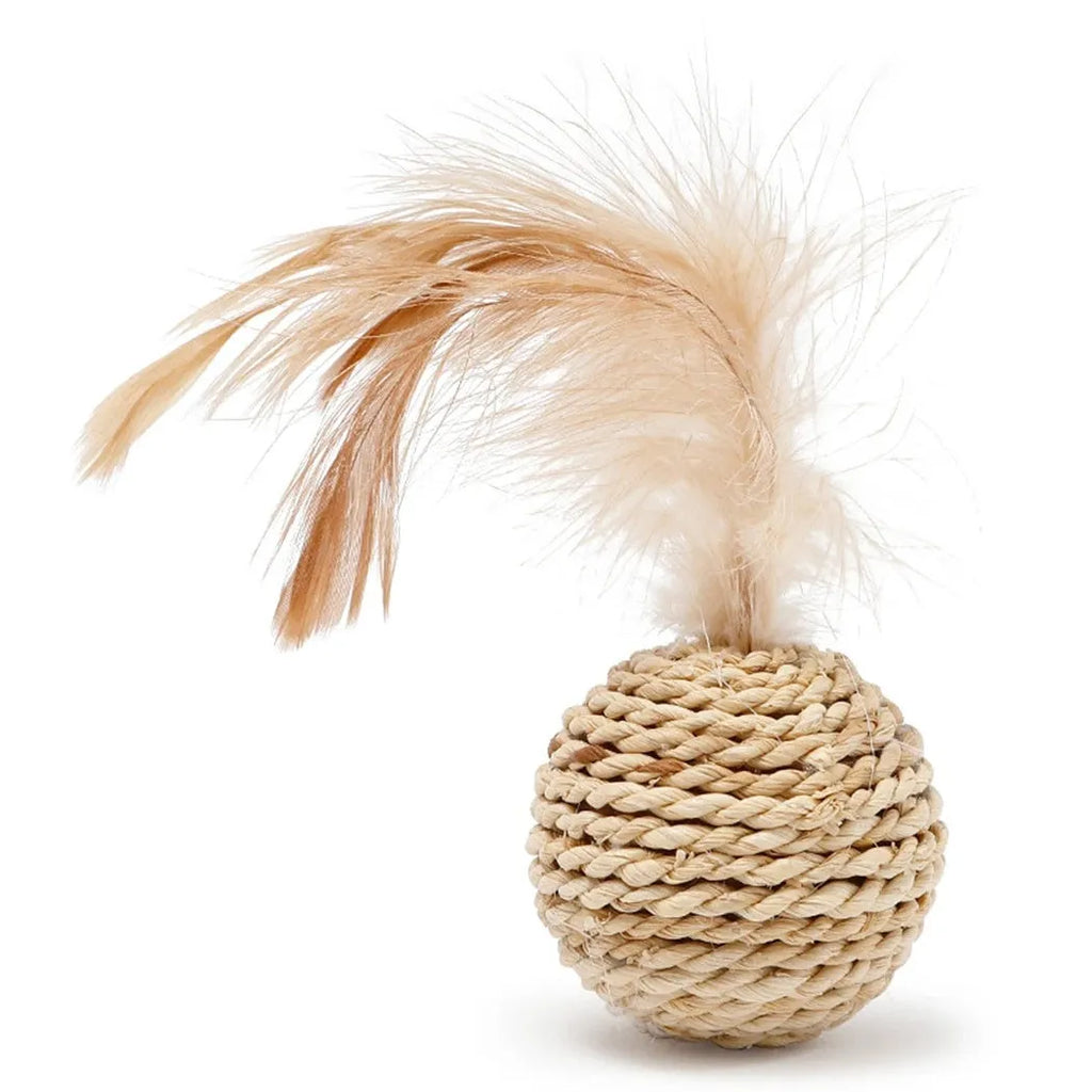 Two cat toys: hollow rattan ball and faux feather ball with measurements shown