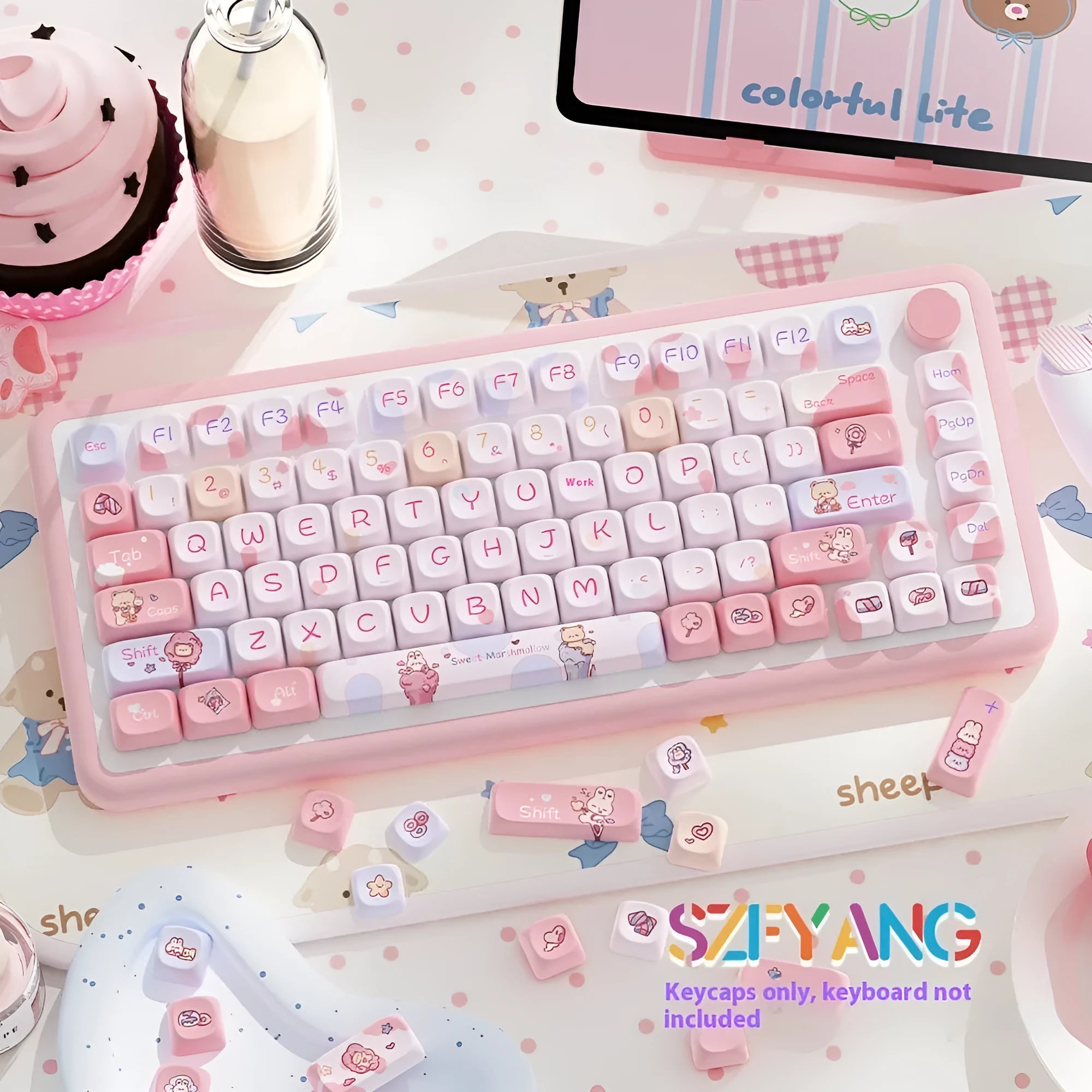 Sweet cotton candy coloured PBT keycaps for mechanical keyboards with cherry MX switches