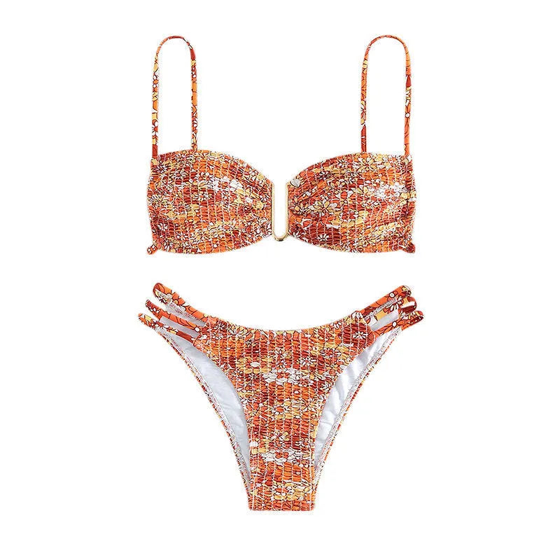 Women's high-waisted floral bikini swimsuit in blue, orange, pink, or rose red.