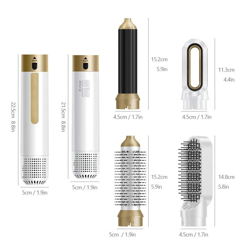 White and dark blue electric hot air styling comb with multiple attachments in leather case