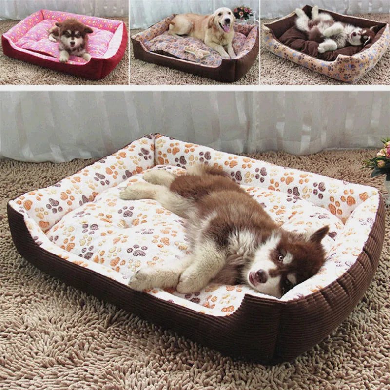 Beige plush dog bed with raised sides shown on a wooden floor.
