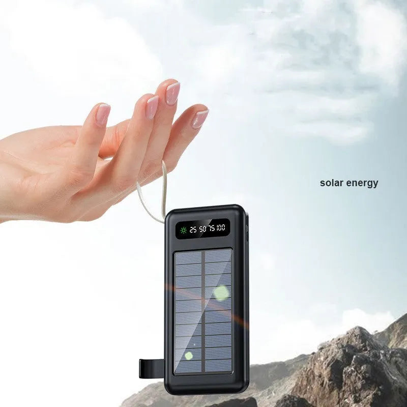 Solar power bank in black or white with capacity display showing 20000mAh or 30000mAh options