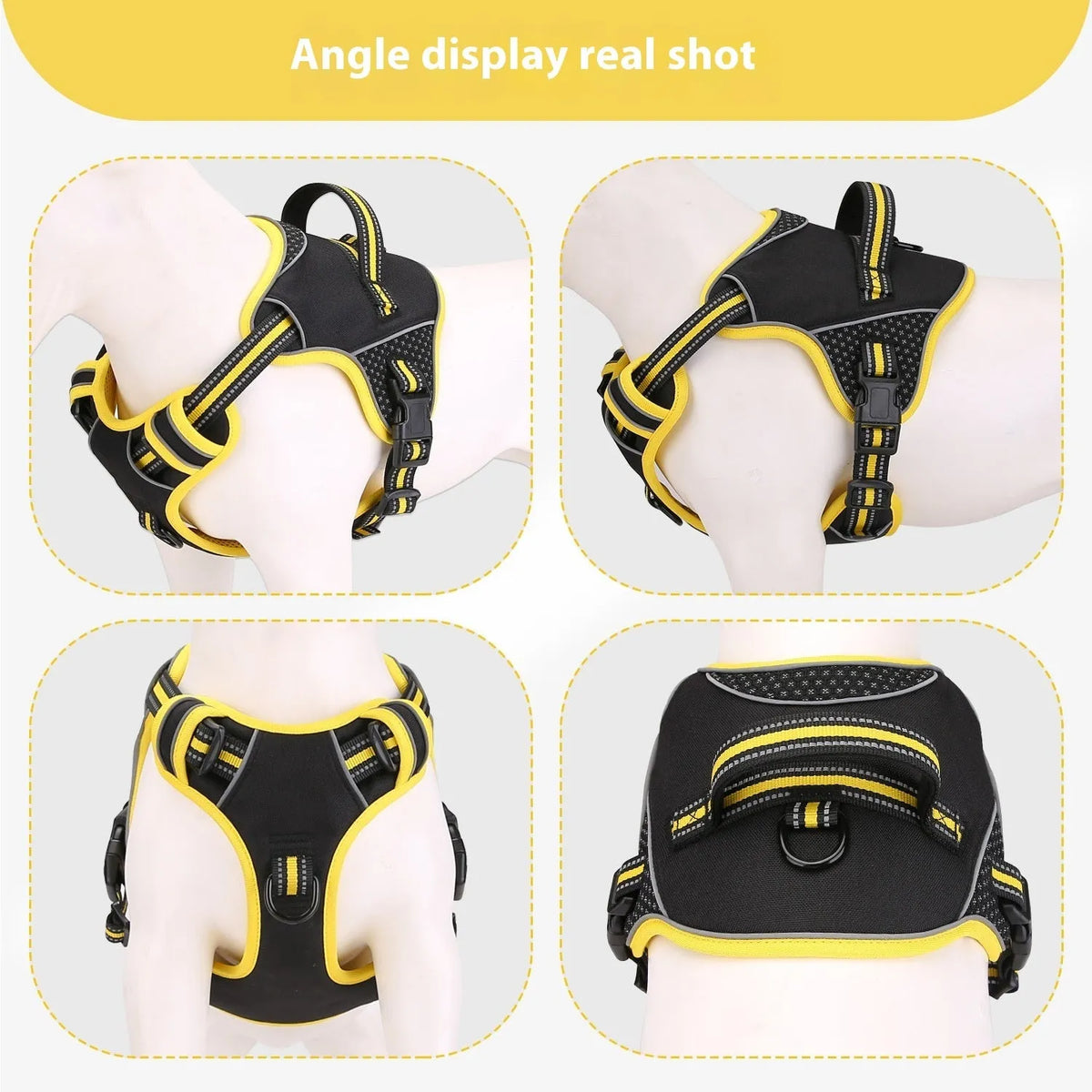 Orange dog harness with traction strap for outdoor walking and training control