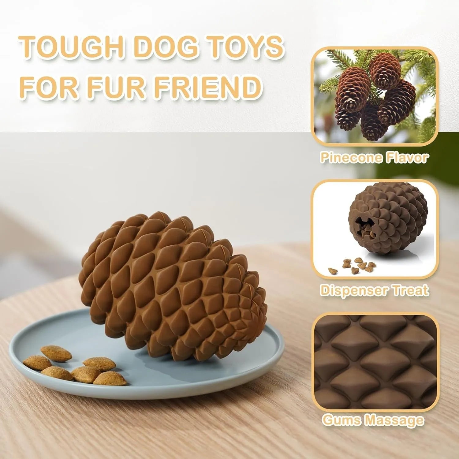 Yellow pine cone shaped natural rubber dog chew toy with treat dispenser hole.