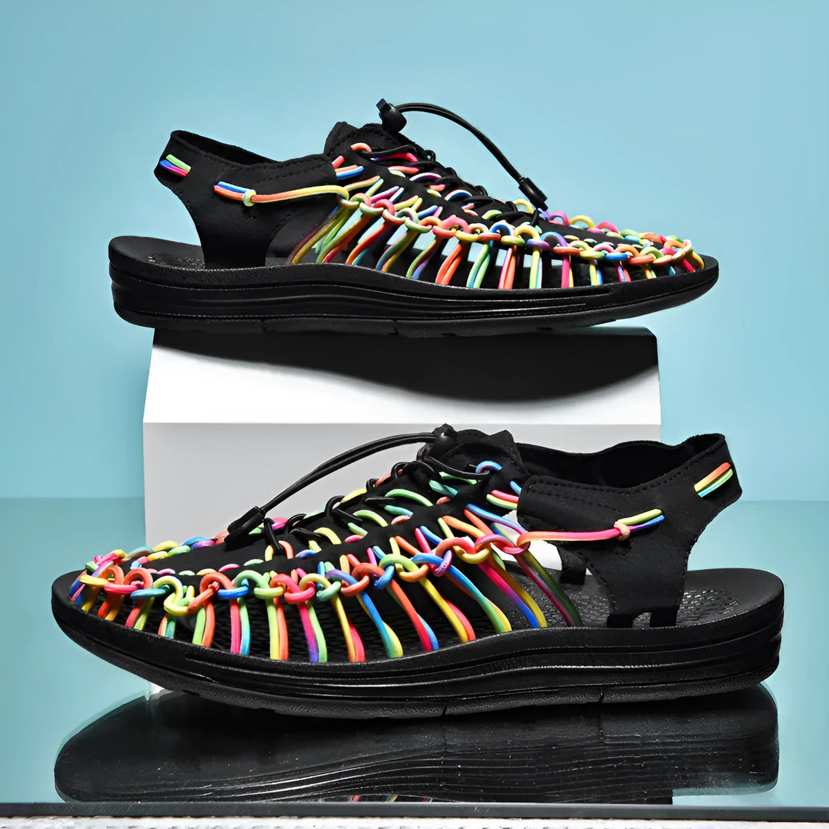 Woven drawstring Roman sandals in a rainbow colour with an elastic fastening and rubber sole.