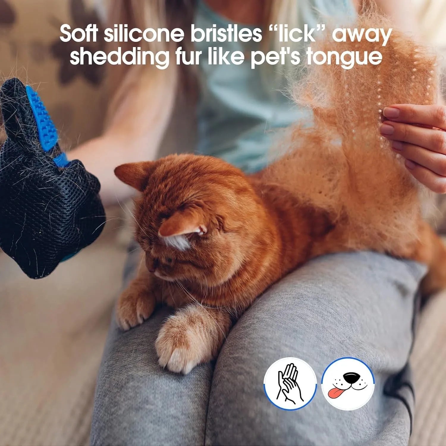 Blue silicone pet grooming gloves with silicone tips for removing hair from dogs and cats.