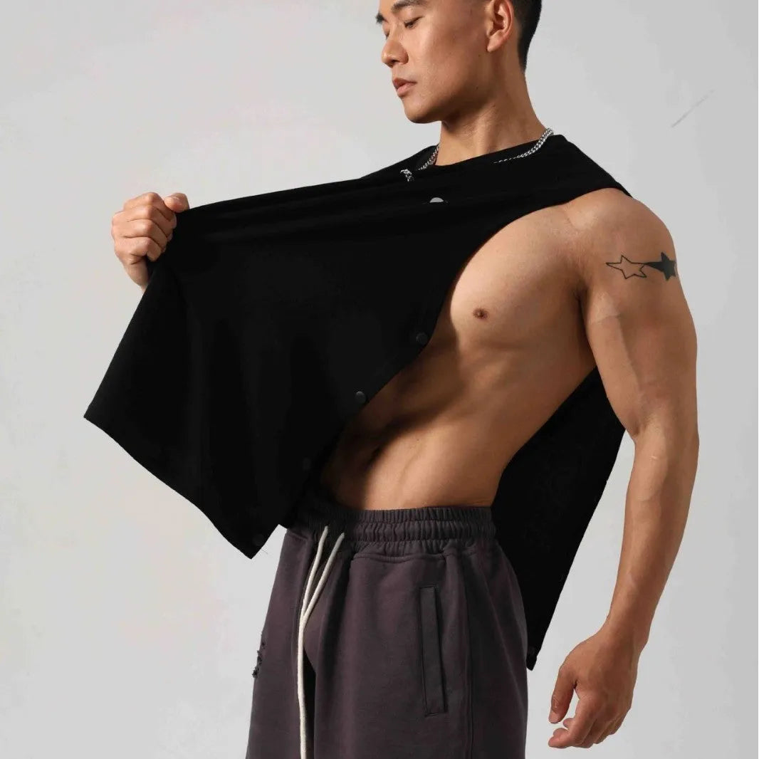 Men's Korean style loose cotton fitness vest with hidden hook fastening on sides