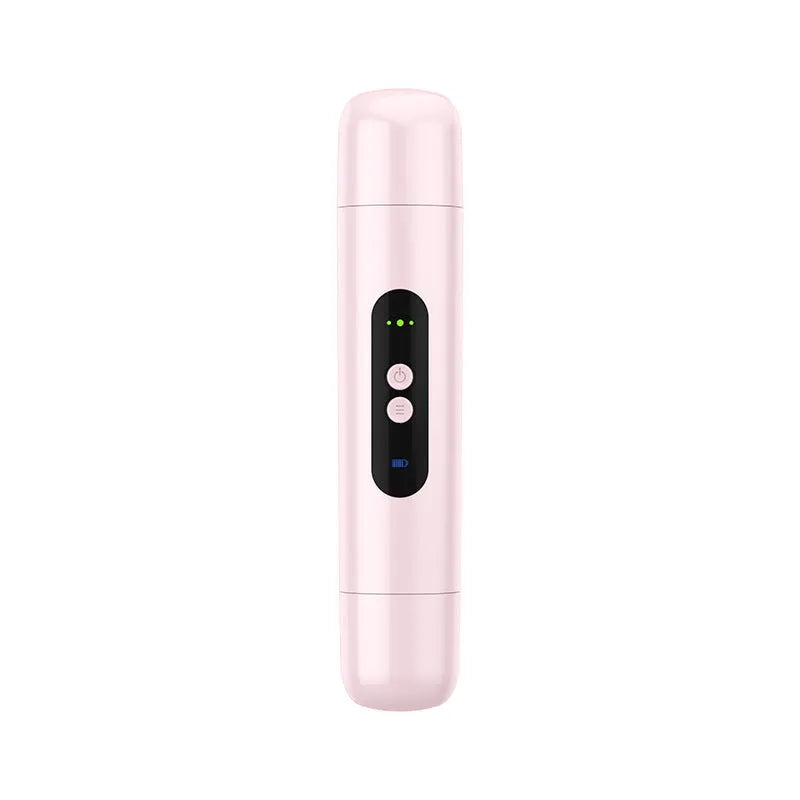 White or pink portable electric depilator with floating blade shaver head on a plain background.