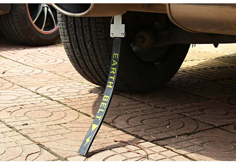 Black car electrostatic grounding belt with copper wire and rubber construction, 370mm long, shown detached.