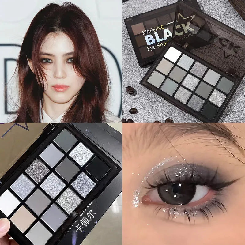 15-colour cartoon style eyeshadow palette showing brown, blue, and dark smoky matte and shimmer shades.