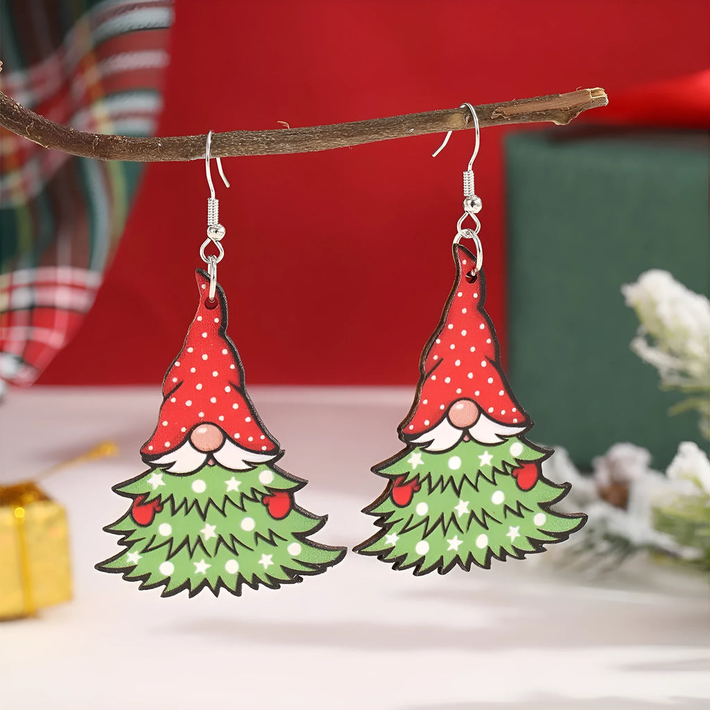 Wooden geometric earrings with printed Christmas tree and snowman designs