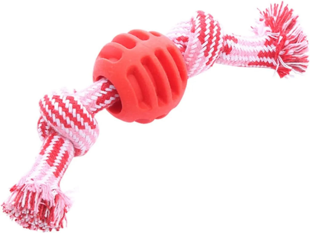 Blue dog chew toy with molar-shaped rubber section and dental cleaning rope strands