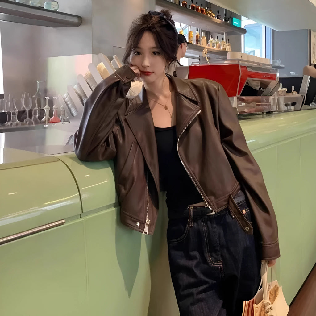 Women's brown retro slim-fit imitation leather coat with pockets and regular sleeves