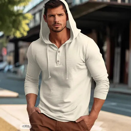 Man wearing a dark blue casual cotton hoodie pullover with long sleeves.