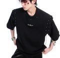 Black deconstructed lace-up cutout short sleeve t-shirt on a hanger