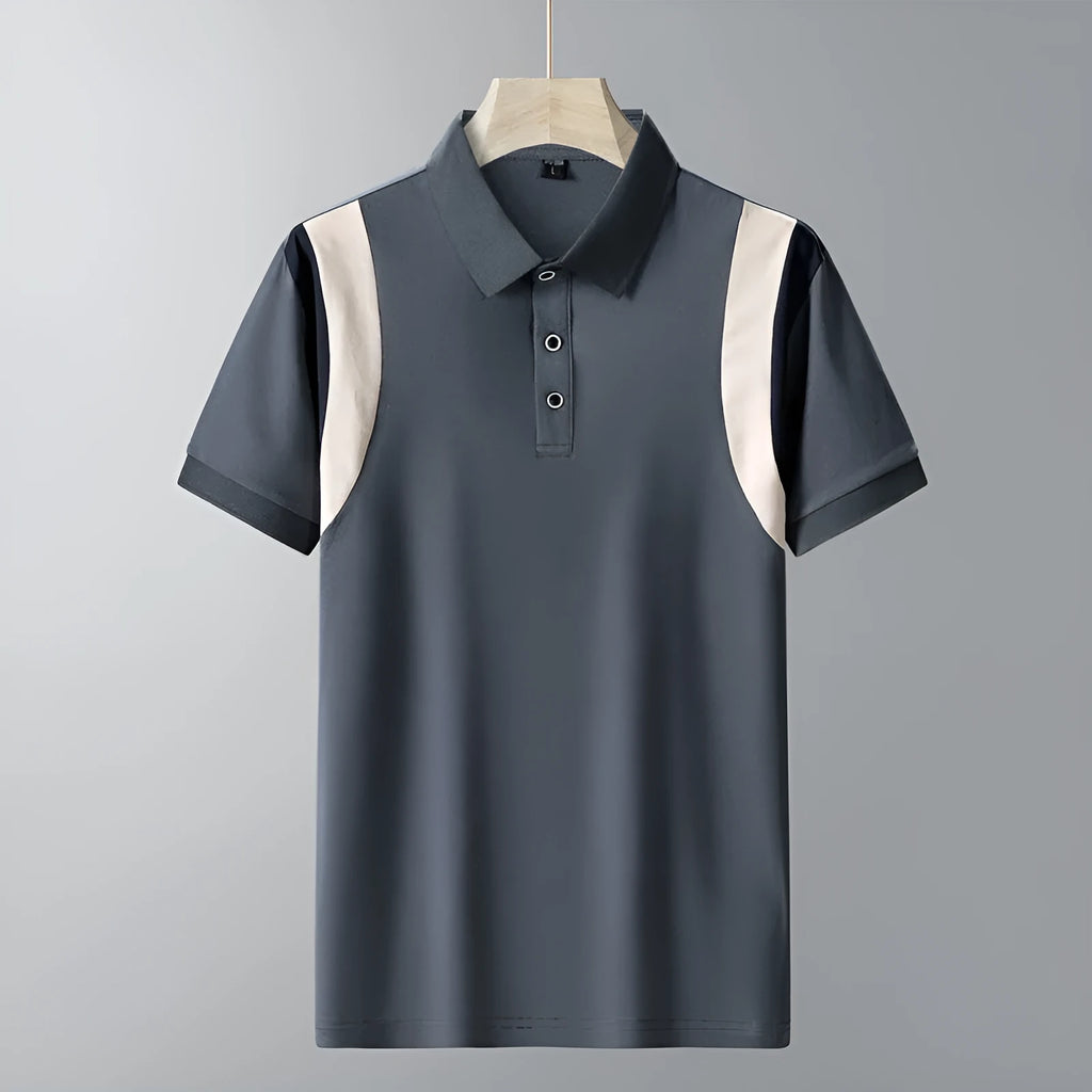 Men's striped cotton short-sleeved T-shirt with business lapel in loose Korean-style fit.