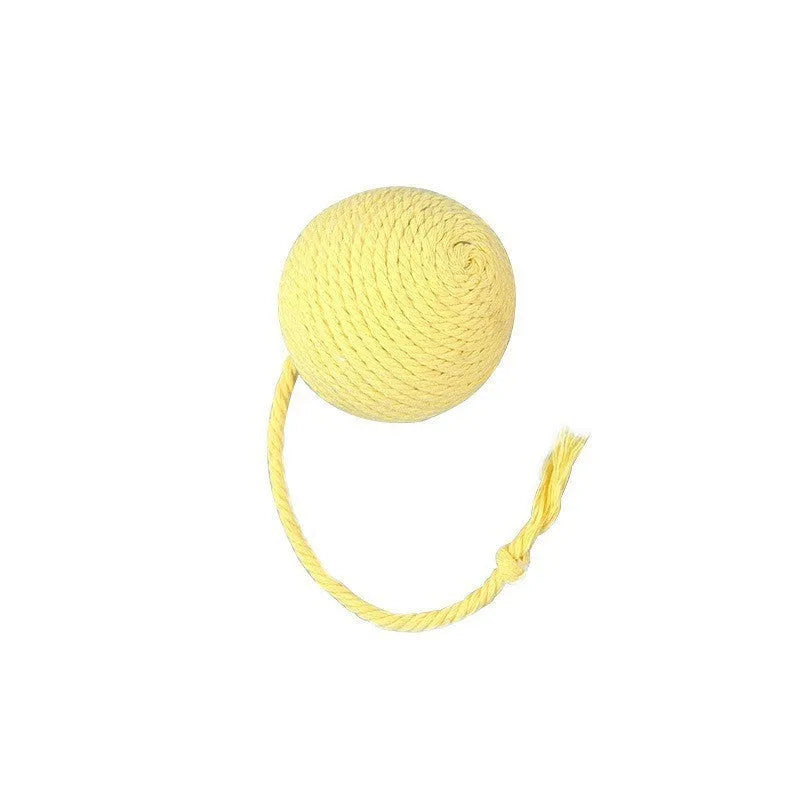 Colourful cat toy ball with rope attachment and internal bell for interactive kitten play